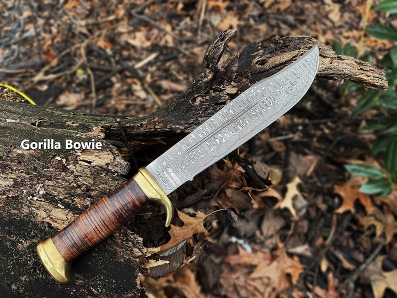 Custom Handmade Damascus Steel Bowie Knife With Leather Sheath