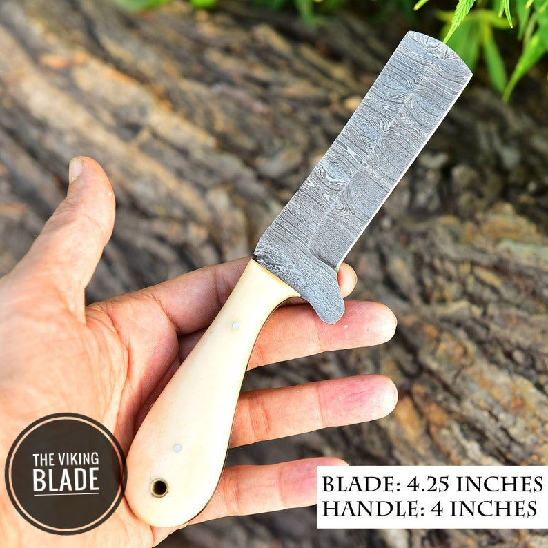 EDC Handmade Damascus Steel Hunting Skinning Bull Cutter Camel BONE HANDLE Comes With Genuine Leather Sheath