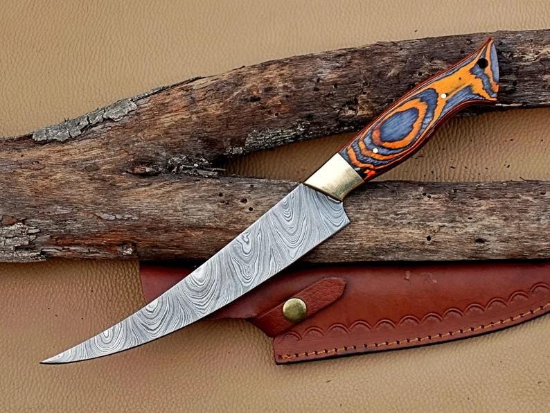 Handmade Damascus Steel Fillet Fishing knife with Brass Bolsters and pakka wood handle