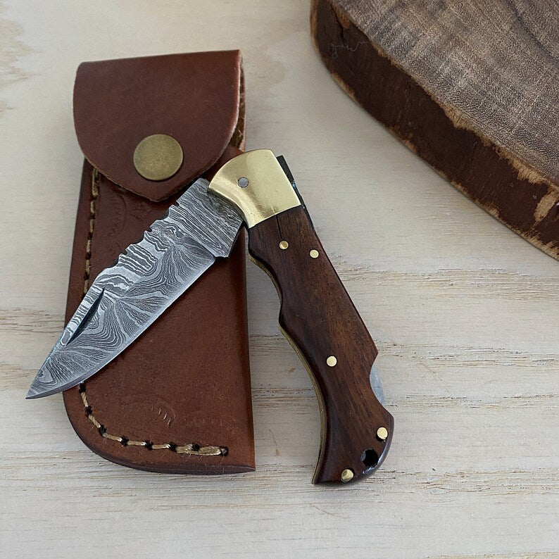 Custom Handmade Damascus Steel Folding Pocket Knife With Leather Sheath