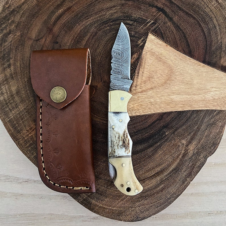 Custom Handmade Damascus Steel Folding Pocket Knife With Leather Sheath