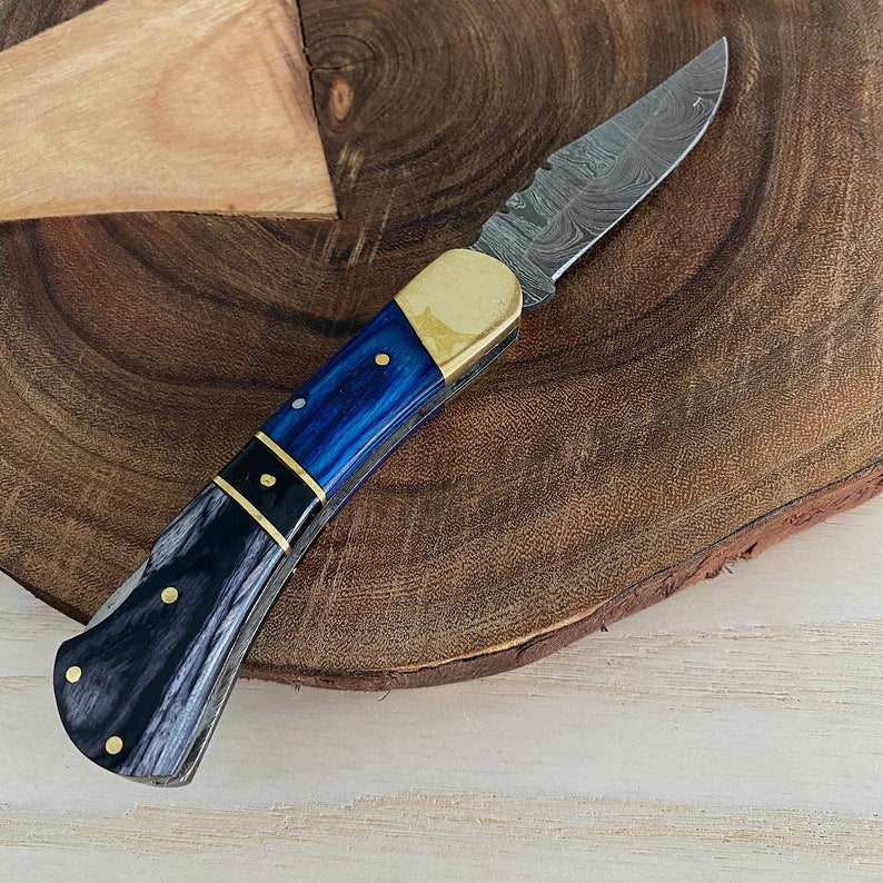 Custom Handmade Damascus Steel Folding Pocket Knife With Leather Sheath