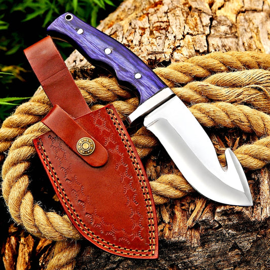 Custom Handmade Gut Hook Hunting Knife With Leather Sheath