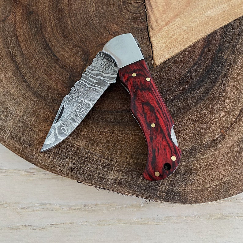 Custom Handmade Damascus Steel Folding Pocket Knife With Leather Pouch
