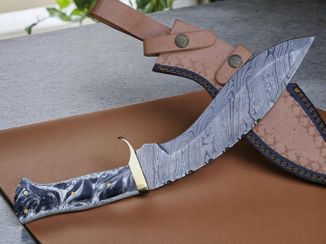Custom Handmade Damascus Steel Kukri Knife With Leather Sheath