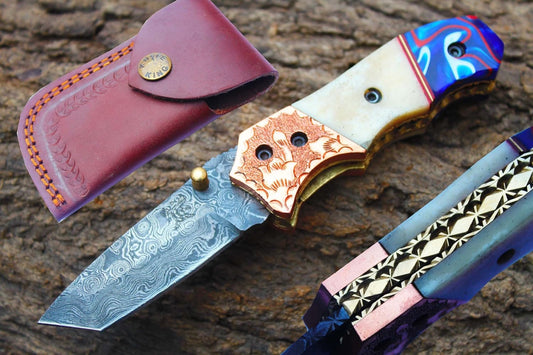 Custom Handmade Damascus Steel Folding Pocket Knife With Leather Pouch