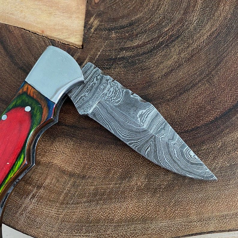 Custom Handmade Damascus Steel Folding Pocket Knife With Leather Pouch
