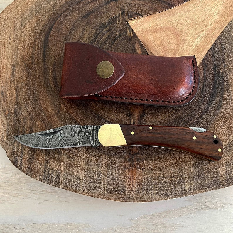 Custom Handmade Damascus Steel Folding Pocket Knife With Leather Sheath