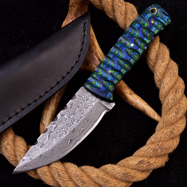 Custom Handmade Damascus Steel Hunting Skinner Knife With Leather Sheath