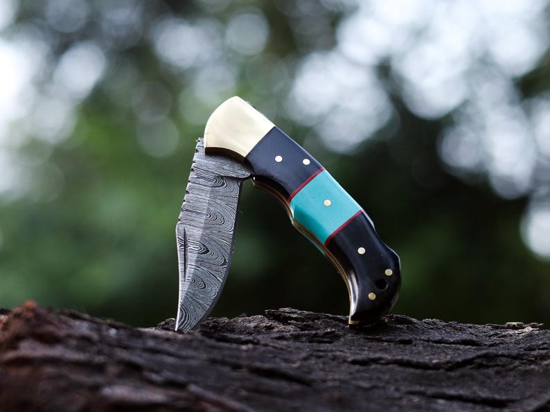 Custom Handmade Damascus Steel Folding Pocket Knife With Leather Pouch