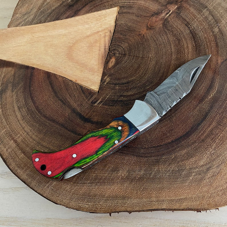 Custom Handmade Damascus Steel Folding Pocket Knife With Leather Pouch