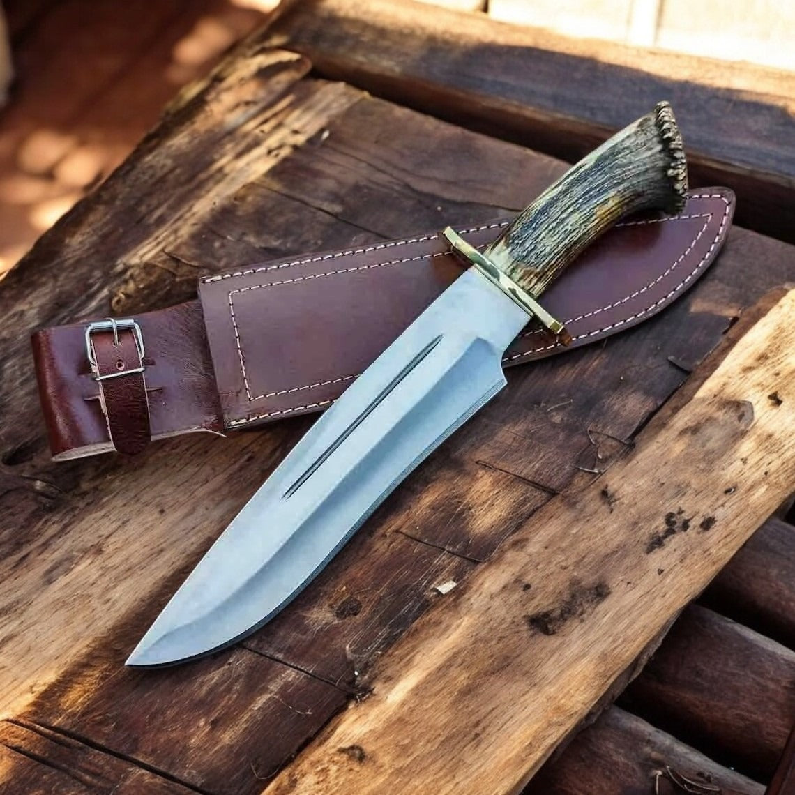 Custom Handmade Hunting Bowie Knife With Leather Sheath