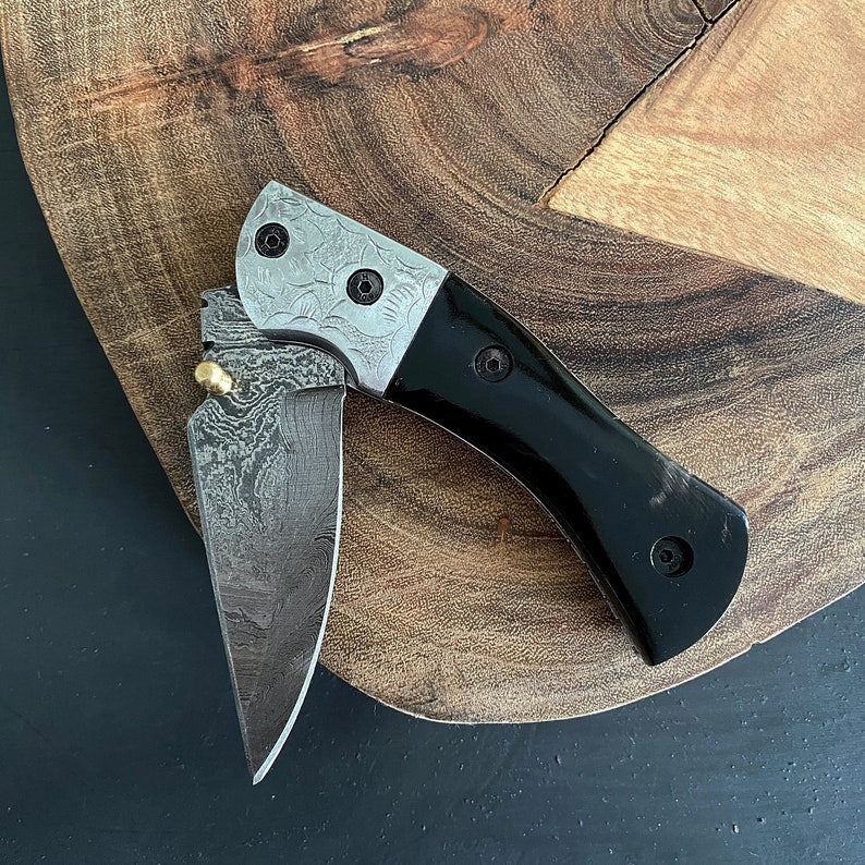 Custom Handmade Damascus Steel Folding Pocket Knife With Leather Sheath
