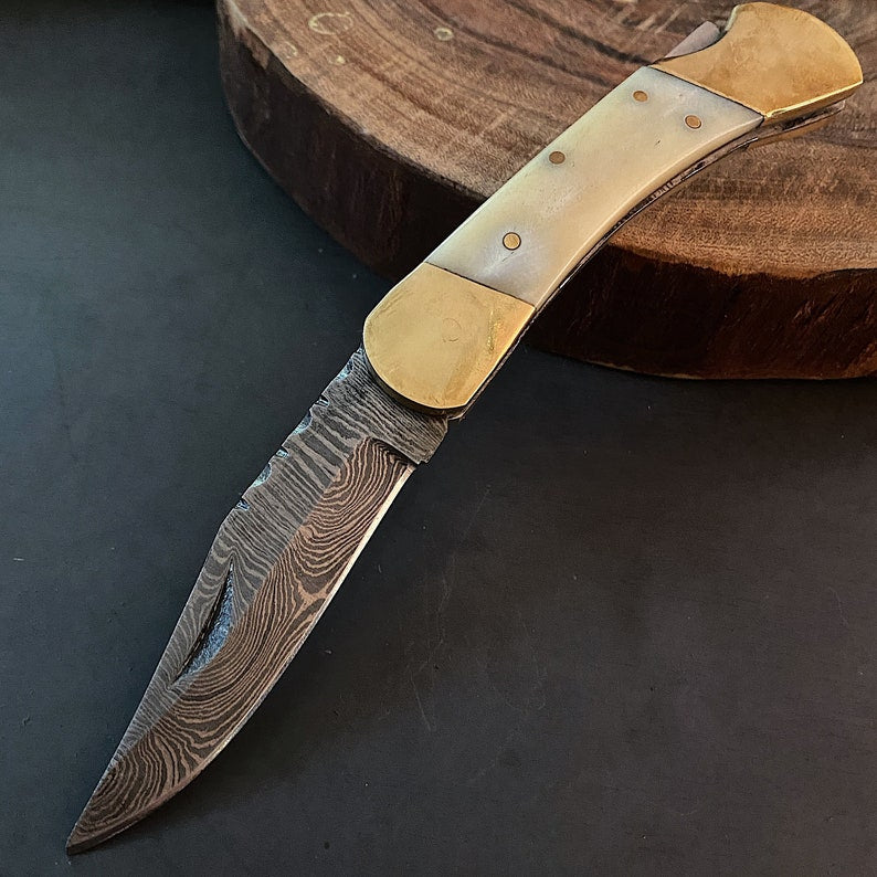 Custom Handmade Damascus Steel Folding Pocket Knife With Leather Pouch