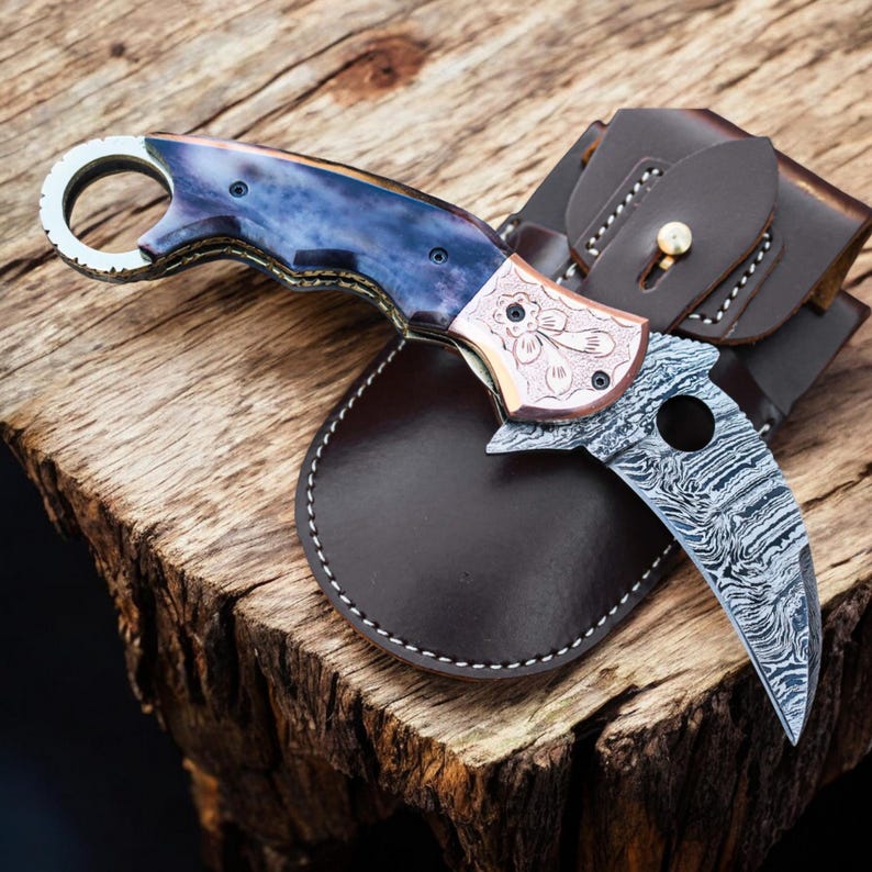 Custom Handmade Damascus Steel Folding Pocket Knife With Leather Sheath