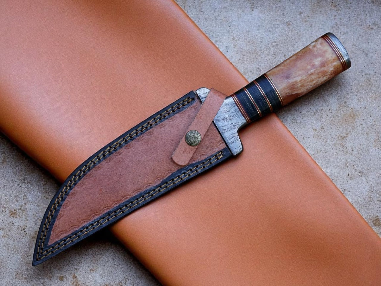 Custom Handmade Damascus Steel Hunting Knife With Leather Sheath