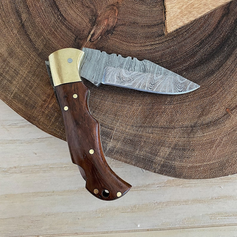 Custom Handmade Damascus Steel Folding Pocket Knife With Leather Sheath