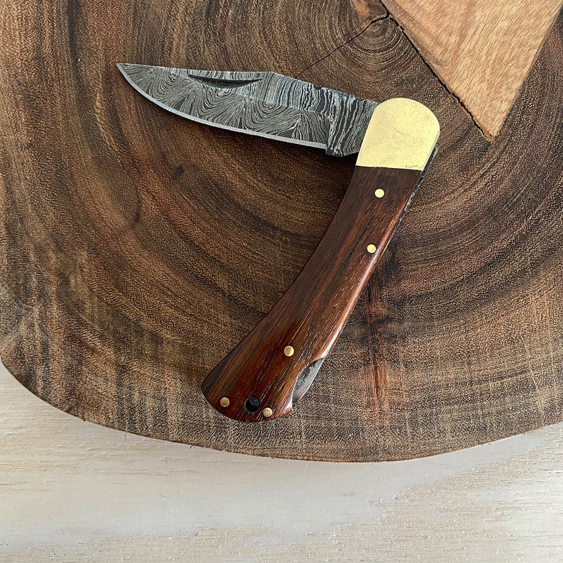 Custom Handmade Damascus Steel Folding Pocket Knife With Leather Sheath