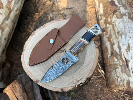 Custom Handmade Damascus Steel Guthook Hunting Knife with Leather Sheath