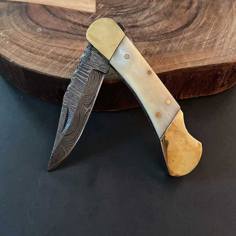 Custom Handmade Damascus Steel Folding Pocket Knife With Leather Pouch