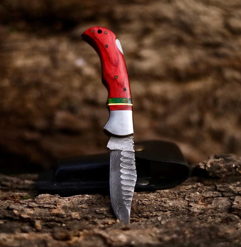 Custom Handmade Damascus Steel Folding Pocket Knife With Leather Pouch