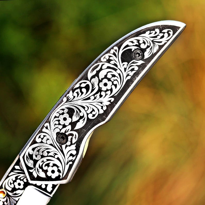Handcrafted Foldable Knife with Exquisite Laser-Engraved Floral Pattern - Perfect Gift Idea
