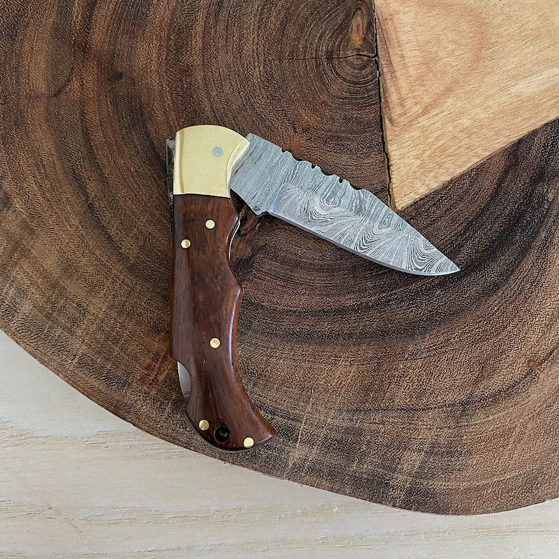 Custom Handmade Damascus Steel Folding Pocket Knife With Leather Sheath