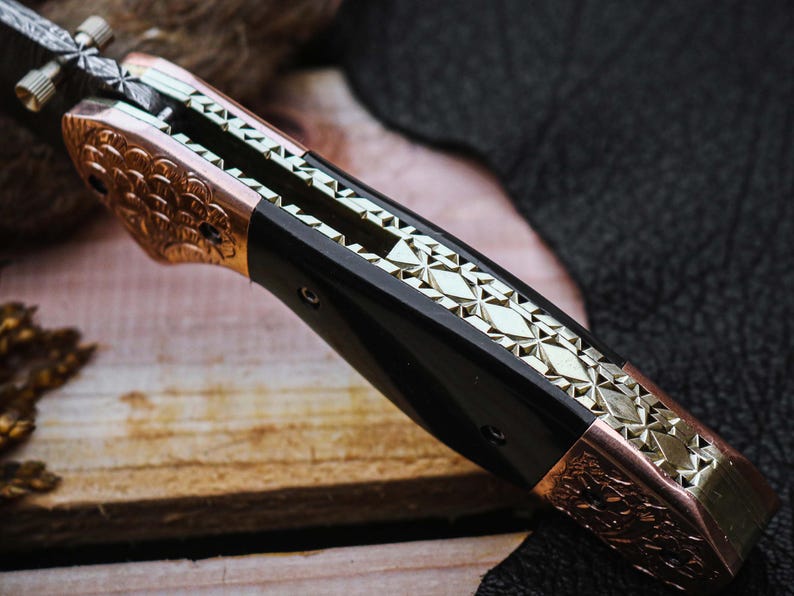 Custom Handmade Damascus Steel Folding Pocket Knife With Leather Pouch