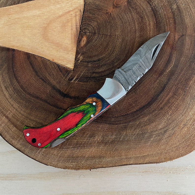 Custom Handmade Damascus Steel Folding Pocket Knife With Leather Pouch