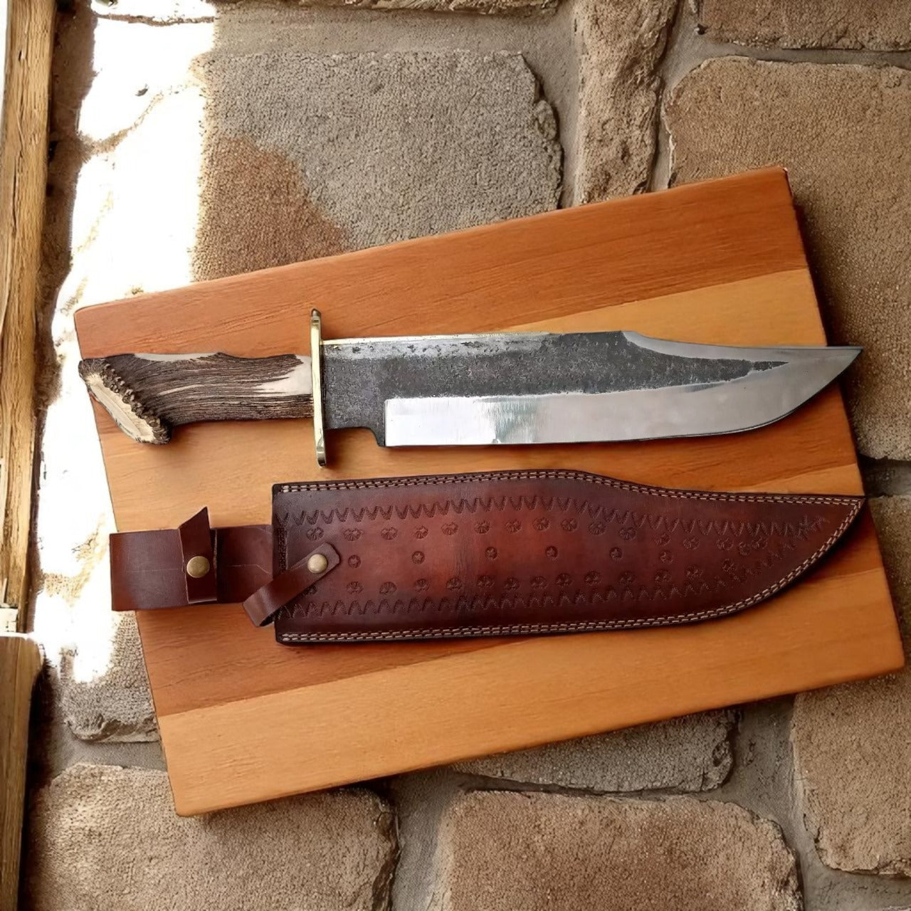 Handmade Carbon Steel Bowie Knife | 18" Blade with Stag Handle & Leather Sheath | Custom Hunting Knife