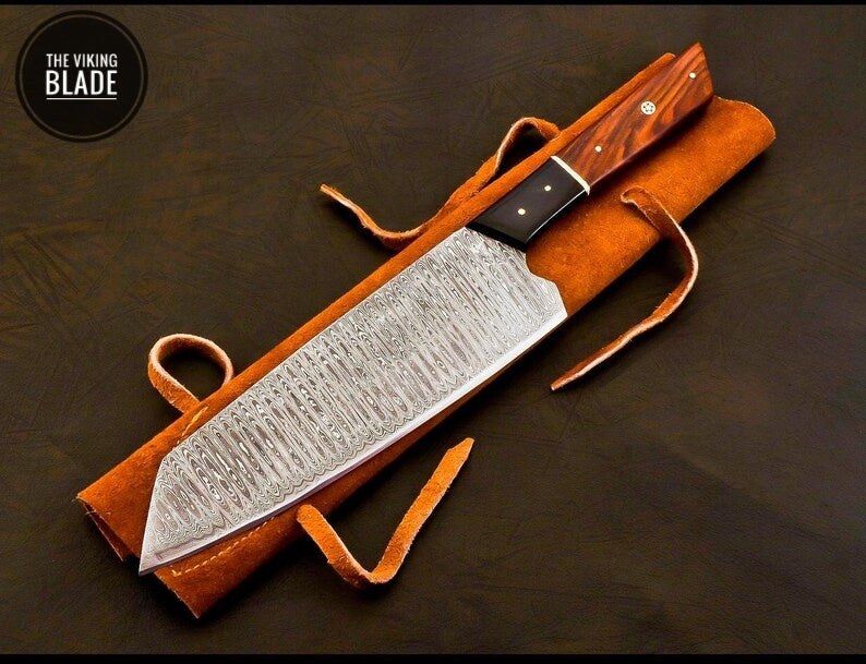 Handmade Damascus Chef Knife Hand Forged Japanese Bunka Kitchen Knife With Leather Roll Kit