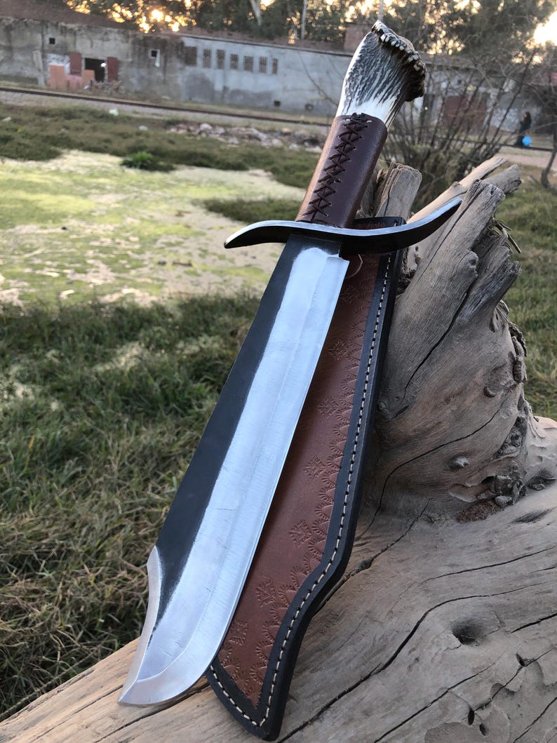 handmade hunting bowie knife deer stag handle with sheath