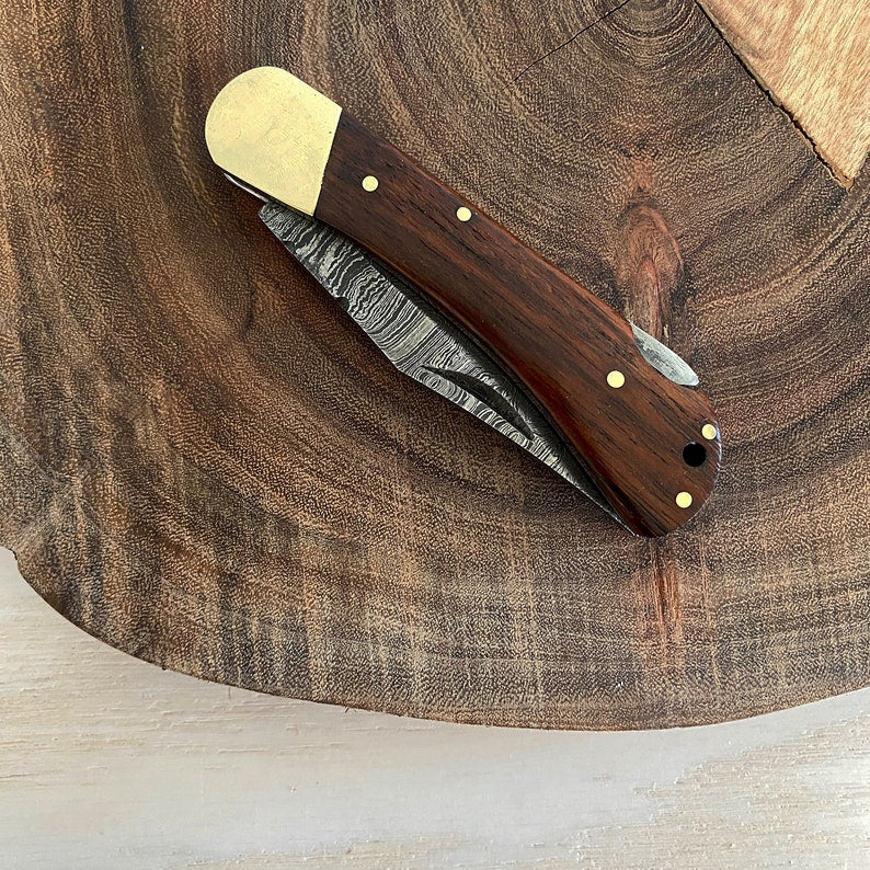 Custom Handmade Damascus Steel Folding Pocket Knife With Leather Sheath