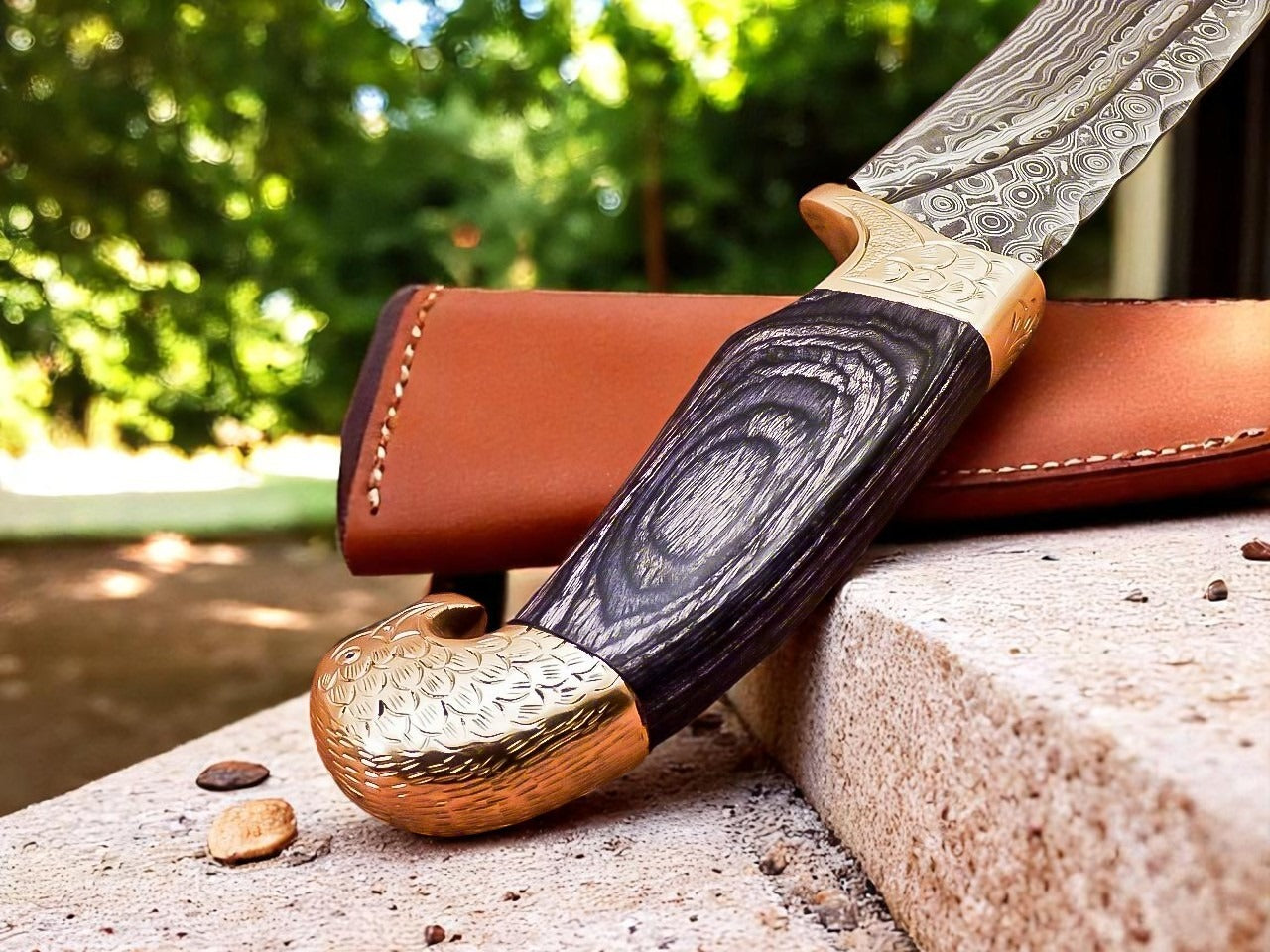 Custom Handmade Damascus Steel Hunting Knife With Leather Sheath