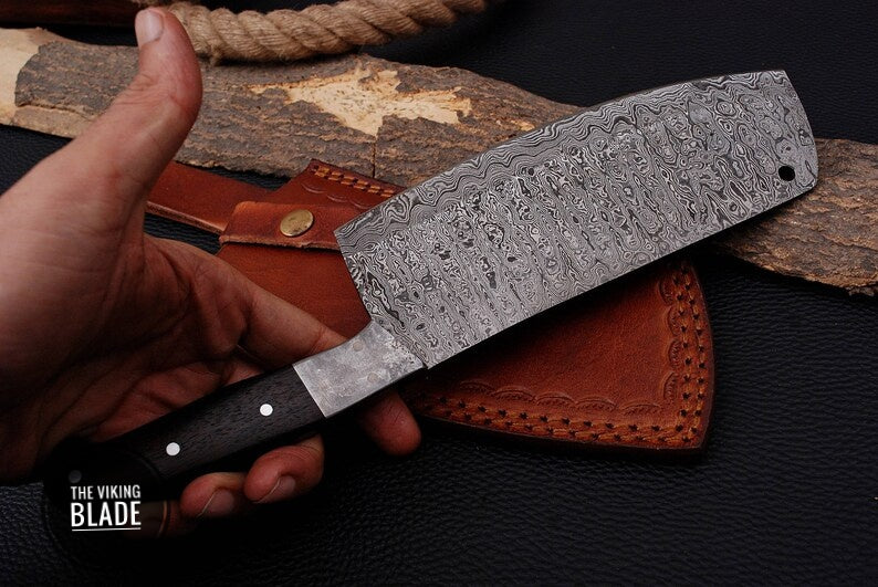 12" Custom Handmade Damascus Steel Cleaver, chopping Mincing Chopper Knife Comes With Genuine Leather Sheath