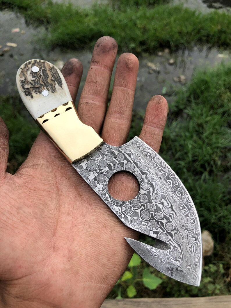 handmade damascus steel guthook skinning knife with sheath