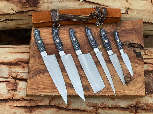Custom Handmade Hunting Chef Knives Set With Leather Roll Kit