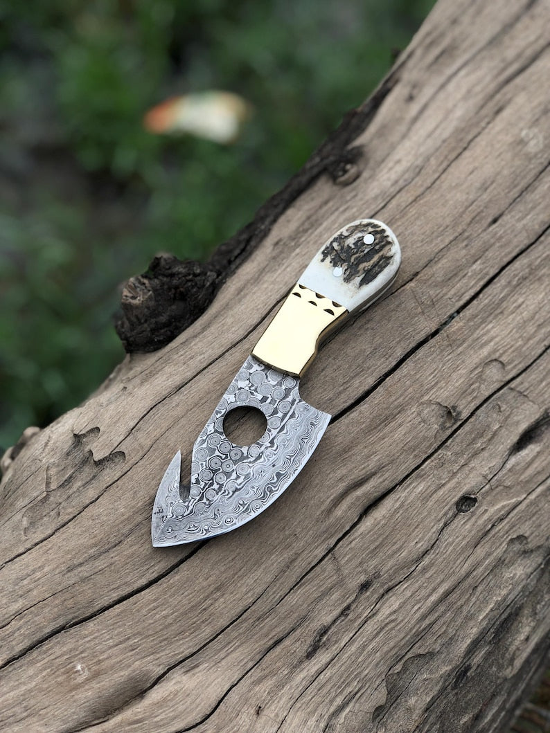 handmade damascus steel guthook skinning knife with sheath