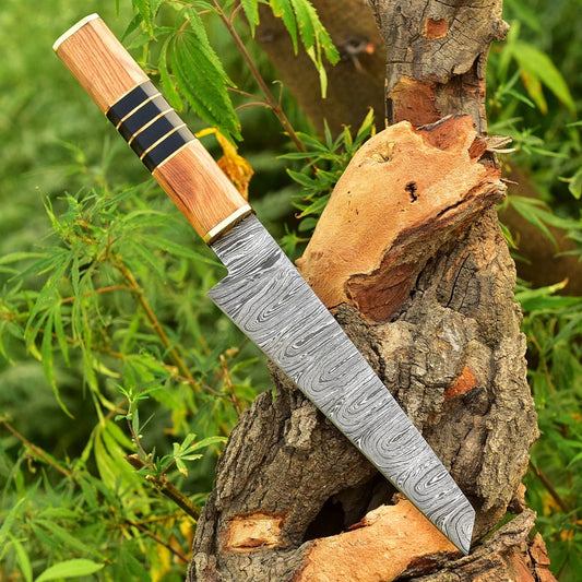 Custom Handmade Damascus Steel Chef Kitchen Knife With Leather Sheath