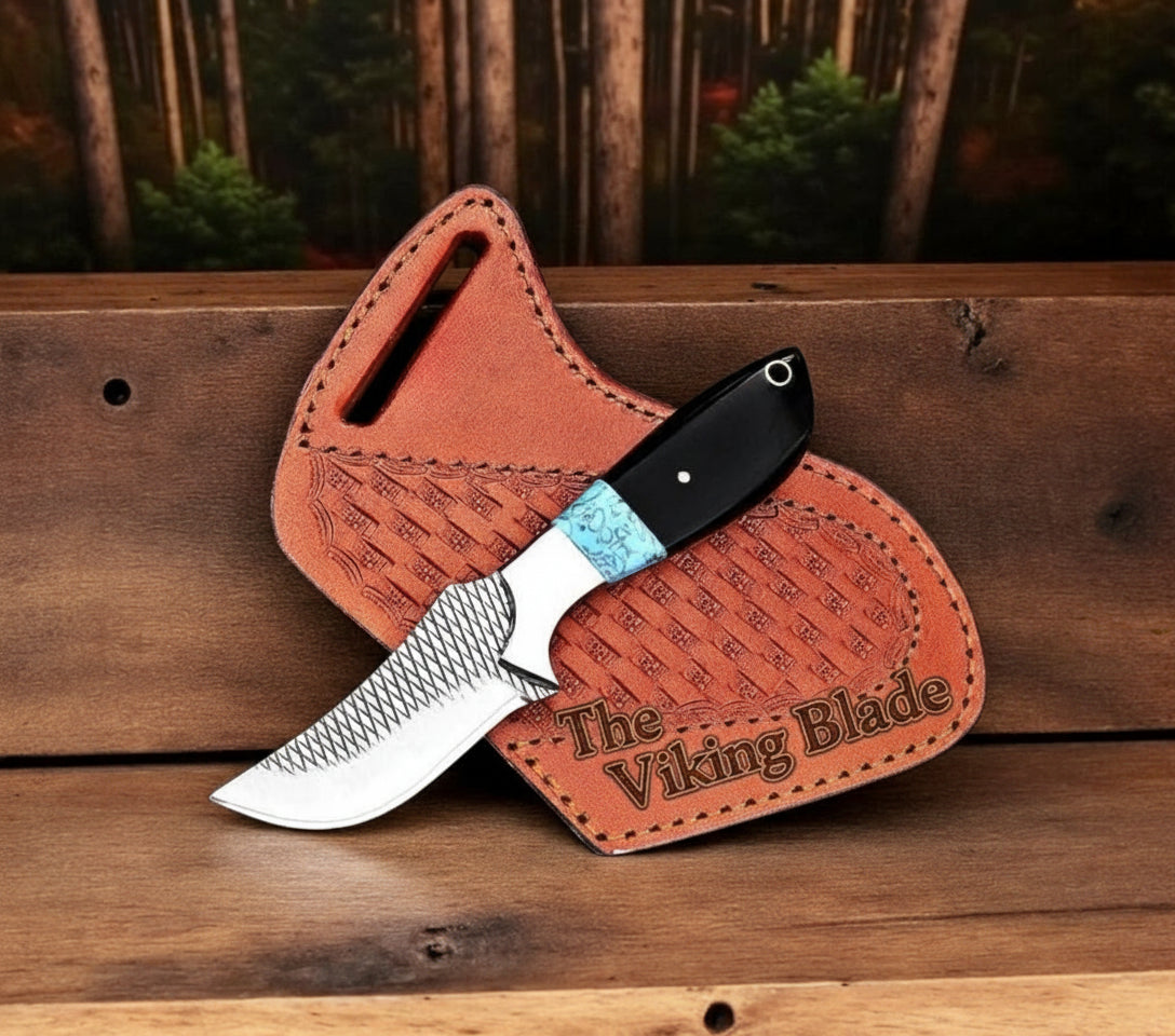 Handmade Rasp Tool Steel Knife in a Belt – Epoxy Resin Stone Handle with Steel Bolster & Leather Sheath