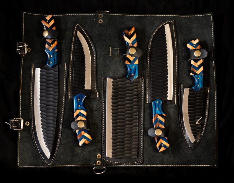 Custom Handmade Kitchen Knives Chef Set With Leather Roll Kit
