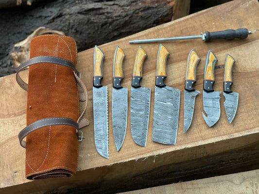 8-Piece Hand-Forged Damascus Steel Chef Knife Set with Leather Roll and a Knife Sharpener