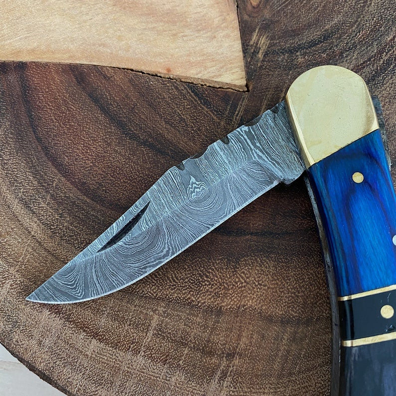 Custom Handmade Damascus Steel Folding Pocket Knife With Leather Sheath