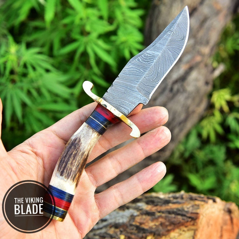 CUSTOM Handmade Damascus Steel HUNTING SKINNING Knife Stag Handle Brass Guard Comes With Genuine Leather Sheath