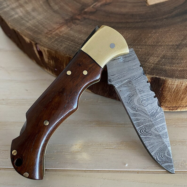 Custom Handmade Damascus Steel Folding Pocket Knife With Leather Sheath