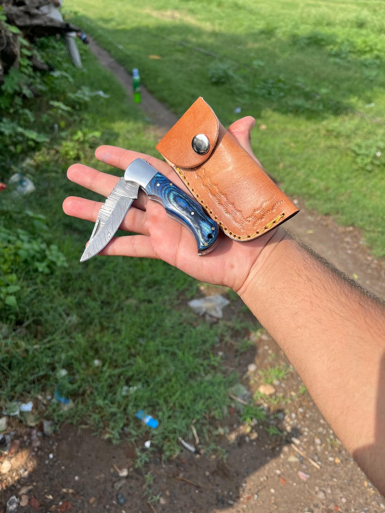 Custom Handmade Damascus Steel Folding Pocket Knife With Leather Pouch