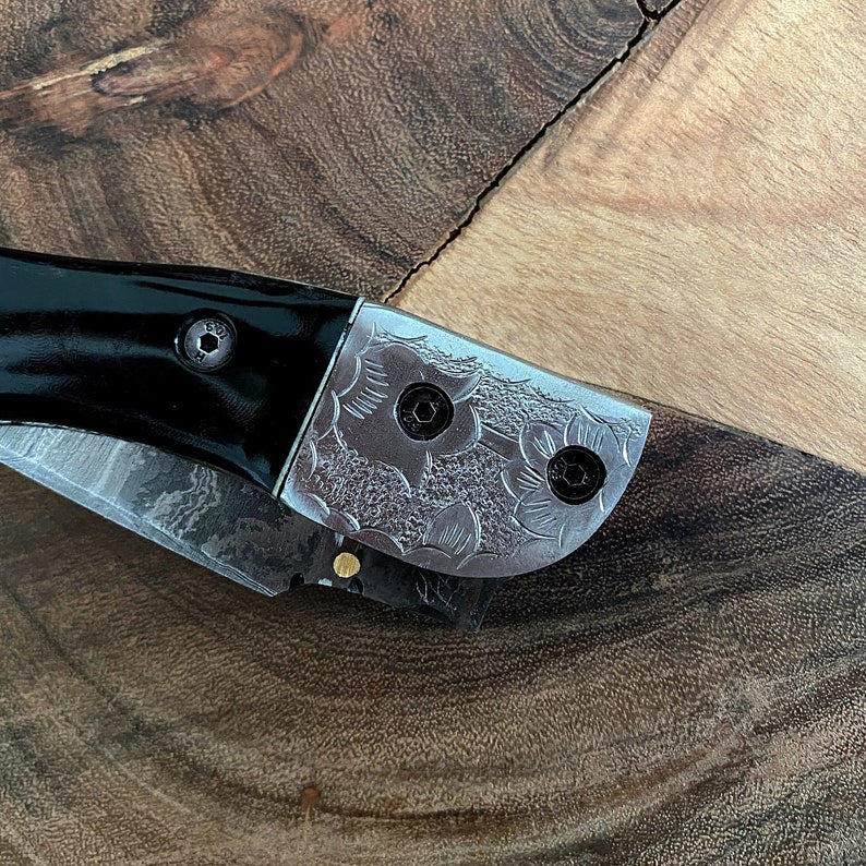 Custom Handmade Damascus Steel Folding Pocket Knife With Leather Sheath