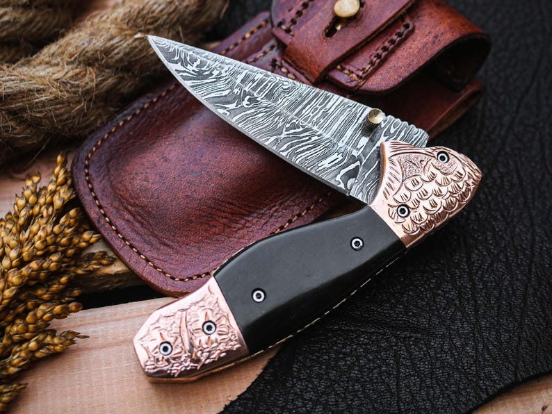 Custom Handmade Damascus Steel Folding Pocket Knife With Leather Pouch