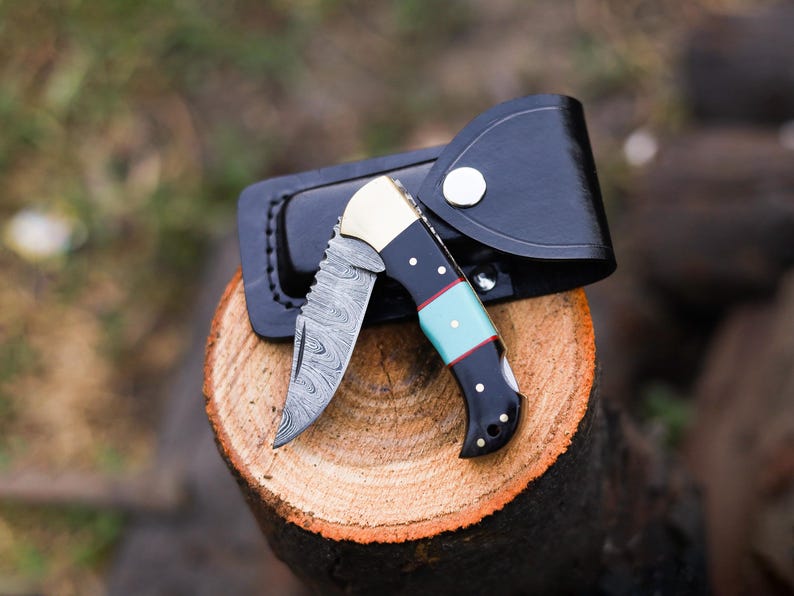Custom Handmade Damascus Steel Folding Pocket Knife With Leather Pouch