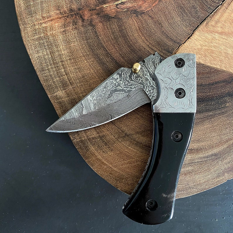 Custom Handmade Damascus Steel Folding Pocket Knife With Leather Sheath